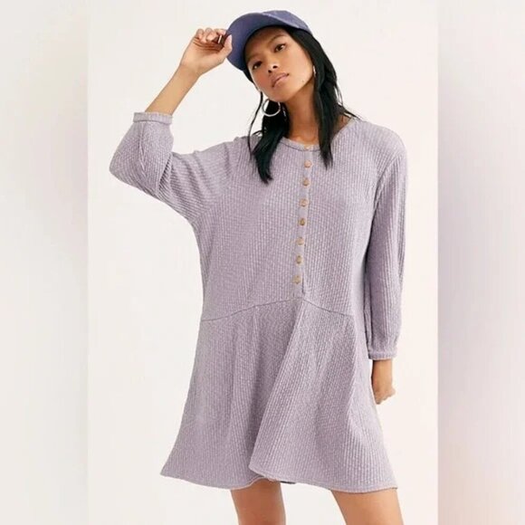 Free People Beach Blossom Button Front Tunic Dress Size Medium Purple Oversized - Picture 1 of 13